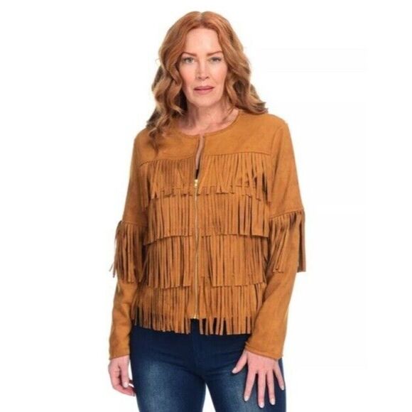 Kate & Mallory Faux Suede Crop Fringe Jacket Womens Small Camel Boho Festival - Picture 1 of 8